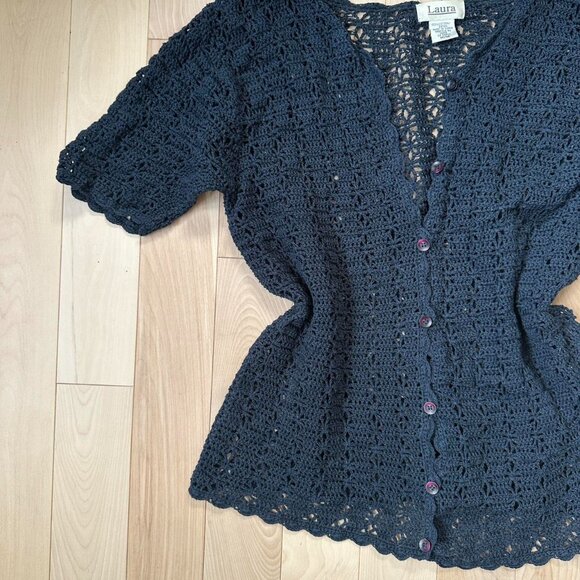 Vintage Navy Crochet Top 100% Cotton, Scalloped Hem - Picture 5 of 8